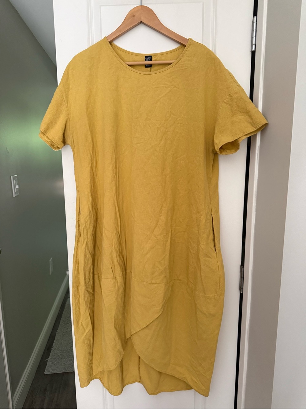 Women's High-Low Cotton Dress in Mustard Short Sleeve Lagenlook Pockets